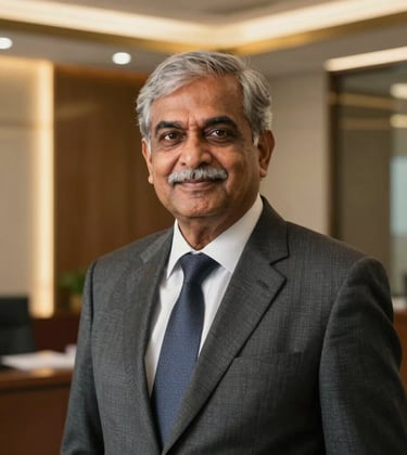 A professional portrait of a senior South Asian Chartered Accountant in a high-end corporate office in Mumbai. Metallic gold accents in the blurred background. Sophisticated lighting, corporate and premium mood.