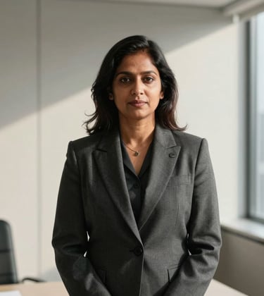A professional portrait of a sophisticated South Asian female senior advocate in a minimalist modern law office. She wears a professional charcoal blazer. Soft morning light from a window, clean ivory and slate gray background.