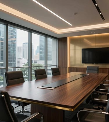Elegant wide shot of a contemporary law firm boardroom in a South Asian city, featuring glass walls, a long dark wood table, and soft metallic gold accents.