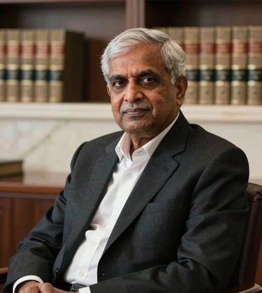 A professional portrait of a senior South Asian legal scholar in a black suit, sitting in a refined office. Background features soft-focus law books and ivory marble. Elegant studio lighting, authoritative expression.