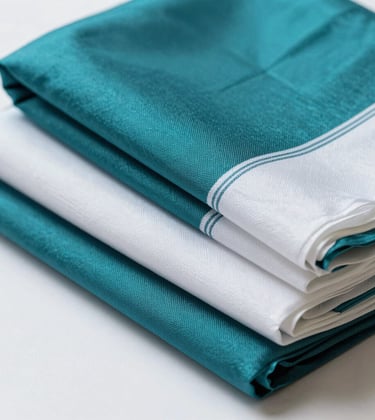 A close-up photograph of high-end South Asian / Indian fabrics, featuring folded rolls of teal silk and white cotton georgette. The lighting is crisp and modern, emphasizing the premium texture and weave of the export-quality textiles in a bright studio setting.