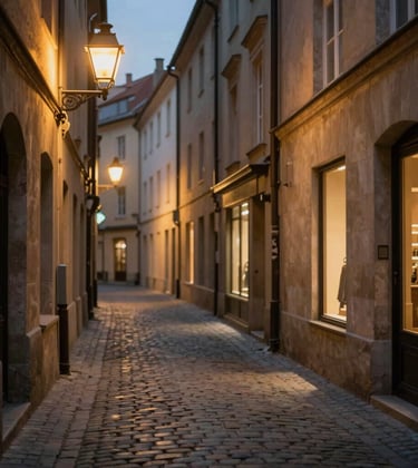 A narrow European cobblestone alleyway during the blue hour, with warm golden light spilling from vintage street lamps and shop windows. The scene uses earthy tones of #A1775E and #D3B386 to create a cozy, inviting atmosphere.