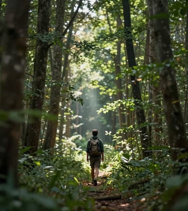 A wide shot of a lone traveler walking through a dense, emerald forest, sunlight filtering through the trees. Touches of #F8F4EF in the light beams.