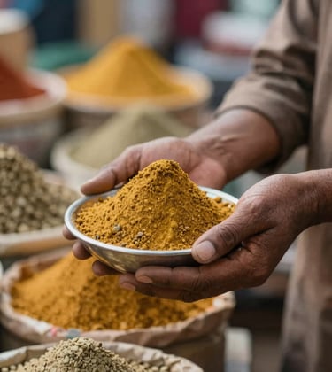 Close-up of a local market vendor's hands holding a heap of colorful, textured spices in a traditional bowl. Soft, natural lighting highlighting the warm browns and golds of #A1775E and #D3B386. Intimate and authentic vibe.