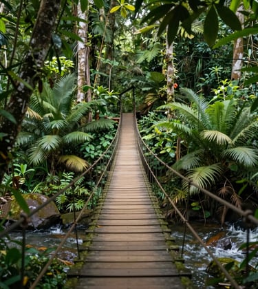 A lush tropical jungle scene with a wooden suspension bridge crossing a stream. The greenery is vibrant, complemented by the rich wood tones of #A1775E. The composition is balanced and peaceful, showing the raw beauty of the wild.