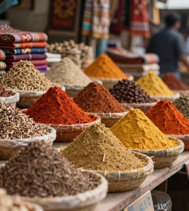 A close-up of a rustic local market with colorful spices and textiles in warm tones like #D3B386 and #A1775E. Soft, atmospheric lighting.