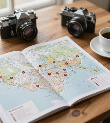 An overhead shot of an open paper map, a vintage camera, and a cup of coffee on a wooden table, incorporating the brand colors #D3B386 and #4A3D36. Natural window lighting.