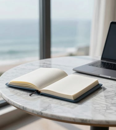 A minimalist, editorial photo of an open high-end leather planner and a sleek laptop on a marble table by a large window overlooking the coast. Soft morning light, aesthetic and sharp, incorporating #DDCAB8 and #2C3539.