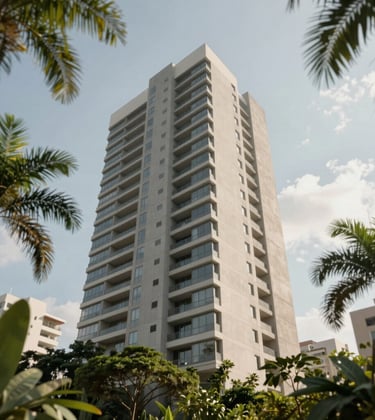 A low-angle shot of a sleek, modern architectural building in Brazil, surrounded by lush green tropical foliage. The aesthetic is clean and high-end, focusing on the intersection of structure and nature, featuring #7E8A7F and #FAF8F5.