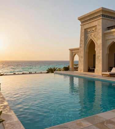 A luxury infinity pool at a premium resort in Hurghada, overlooking the turquoise Red Sea. The architecture is a modern take on Egyptian style in Soft Alabaster. The scene is bathed in the warm light of a Burnished Gold sunset.