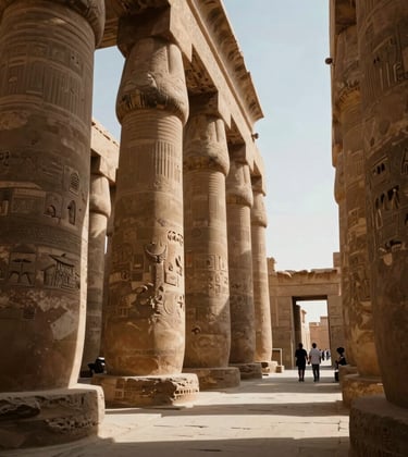 A professional photograph of the towering columns at Luxor Temple. The stone is a rich Warm Sand color, with Deep Egyptian Teal shadows creating a dramatic atmosphere. A couple on a private tour in a North African / Egyptian setting is visible in the distance.