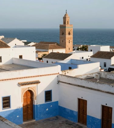 A view of the Tangier medina with its white and blue-tinted walls overlooking the Mediterranean, captured in soft morning light with warm terracotta accents on the wooden doors.