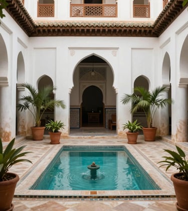 A serene traditional Riad courtyard with a central pool, pearly off-white walls, and lush green plants in warm terracotta pots.