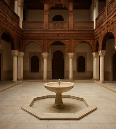 An interior shot of a traditional Marrakech riad, featuring an elegant off-white marble courtyard, a central fountain, and deep earthy brown carved cedar wood details.