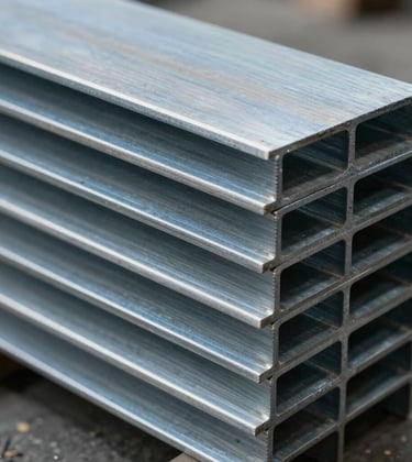 Close-up photography of precision-cut custom sheet metal components stacked in a North American / US industrial workshop. The steel blue and light grey surfaces catch the overhead workshop light, showcasing clean edges and professional metalworking craftsmanship.