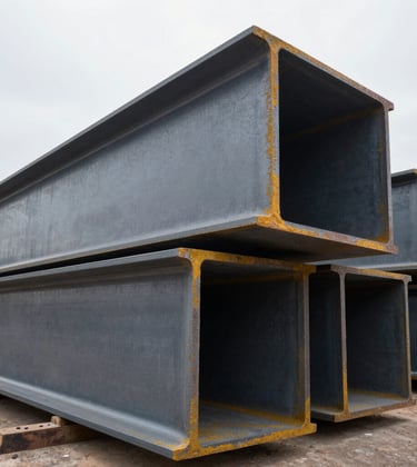 Low-angle perspective of massive structural steel I-beams positioned in an industrial yard. The dark grey metallic texture is prominent, emphasizing the strength and scale of the materials produced for North American construction.