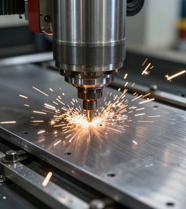 Close-up photography of a high-tech CNC machine cutting through a thick alloy steel plate. Bright sparks fly across the dark metallic surface in a precise North American / US factory setting. The lighting is sharp and technical, emphasizing the engineering excellence and high-strength materials.