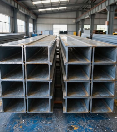 A symmetrical, clean shot of massive structural steel I-beams stacked neatly in a modern industrial warehouse in the North American / US region. Morning light filters through high windows, illuminating the silver-gray metal and slate-blue floor, conveying strength and heavy industrial scale.