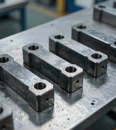 Industrial photography of high-performance alloy components organized on a steel workbench. Sharp focus, professional lighting, reflecting a mood of strength and engineering precision using a palette of dark slate and light grey.