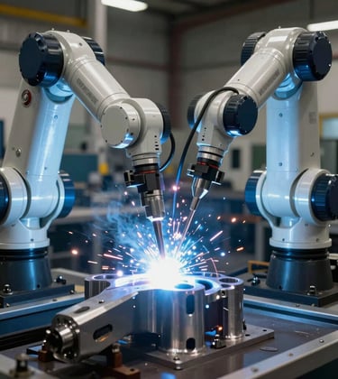 Professional photography of an automated robotic arm performing a complex weld on an alloy component in a North American / US manufacturing plant. The scene features a brilliant blue-white welding arc and metallic reflections on dark gray surfaces, showcasing cutting-edge technology and precision.