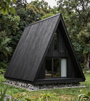 A minimalist mini A-frame chalet made of dark charcoal wood and stone grey accents, perfectly integrated into a green forest clearing. Modern architectural photography.