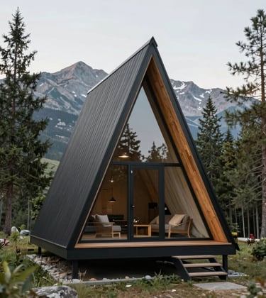Luxury A-frame chalet interior looking through a massive glass window at a lush forest green landscape. The interior features minimalist stone grey furniture and soft cream lighting, embodying modern tranquility.