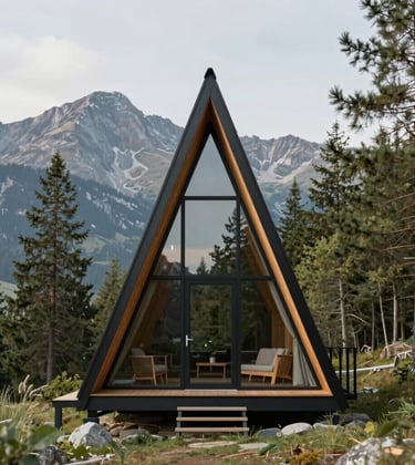 Close-up architectural shot of a large premium A-frame chalet being finished, showing dark charcoal metal structures and rich natural wood textures against a soft cream sky. High-end design detail.