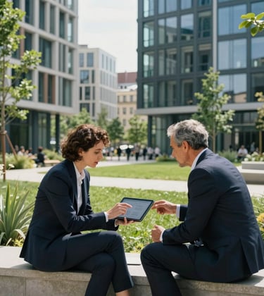 A professional meeting taking place outdoors in a modern European / French urban park. Two colleagues are discussing a digital project on a tablet. The background features sustainable modern architecture and lush greenery in sage and charcoal blue hues.
