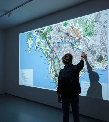An immersive display in a contemporary European / French gallery. A visitor interacts with a digital screen that projects territorial heritage data. The lighting is sophisticated, with sky blue and charcoal blue accents creating a trustworthy atmosphere.