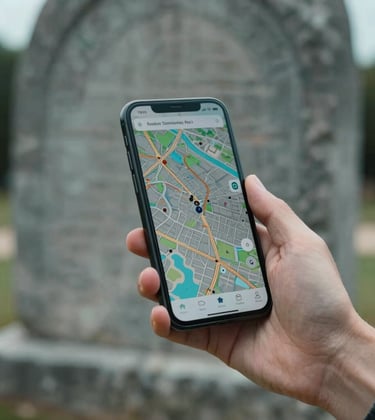 A detailed photograph of a hand holding a mobile device near an ancient stone landmark in a European / French region. The screen shows a sophisticated interactive map. The background is softly blurred with muted teal and grey stone colors.