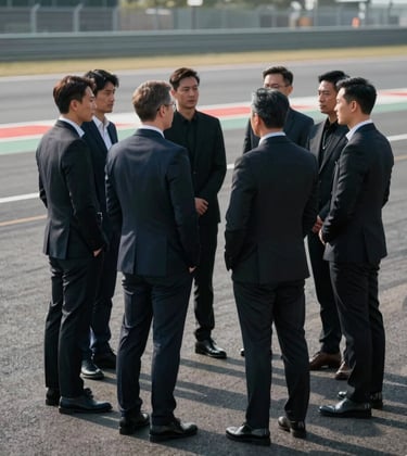 A group of elite professionals in dark modern attire standing together in a circle on a racetrack, illuminated by cold pristine cool grey morning light.