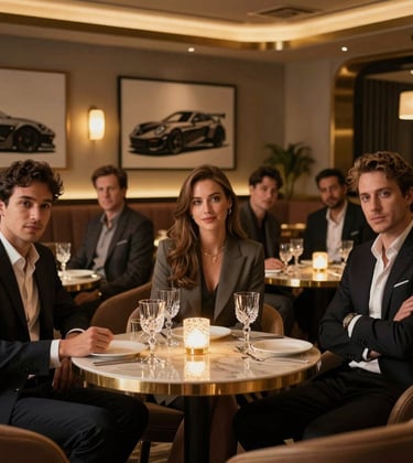 A group of confident, well-dressed entrepreneurs in a dimly lit, exclusive private club. Muted gold ambient lighting illuminates crystal glassware and the silhouettes of high-end automotive art in the background.
