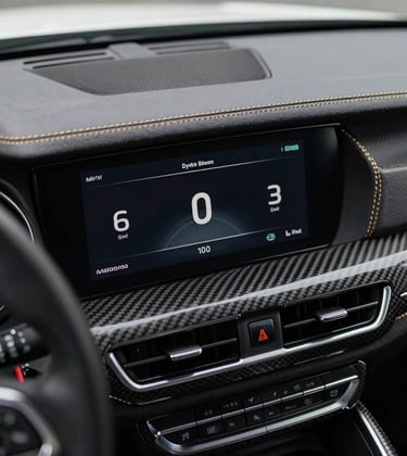 Detailed shot of a carbon fiber dashboard with burnished champagne gold stitching and a minimalist digital display showing performance metrics.