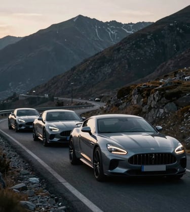 A line of luxury GT cars driving through a high-altitude winding mountain pass at dawn. The lighting is cool deep slate grey with muted gold reflections on the windshields.