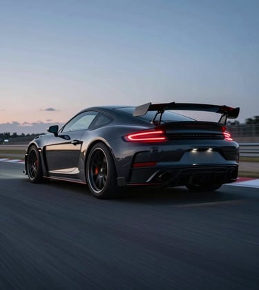 A high-performance vehicle blurred in motion on a professional race track at dusk. The glowing red taillights and charcoal black body contrast against the deep slate grey asphalt.