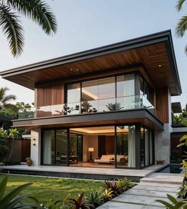Luxury villa architecture with modern Southeast Asian design, featuring large glass panels and wood accents, surrounded by tropical greenery. Professional architectural shot under clear skies.