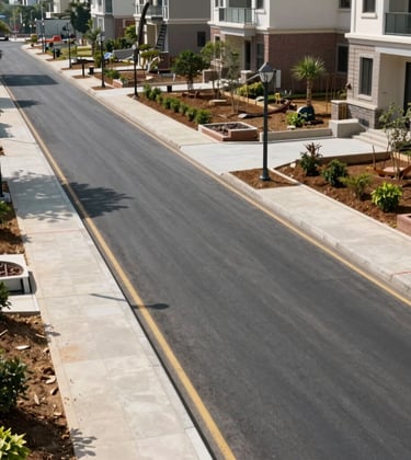 High-quality photography of modern land lots with completed infrastructure, including smooth asphalt roads and sidewalks in a Vietnamese suburban setting. Bright daylight, professional and inviting mood.