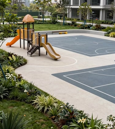 A vibrant park within the development featuring a modern playground and multi-purpose sports courts. Professional landscaping with off-white and green colors in a professional composition.