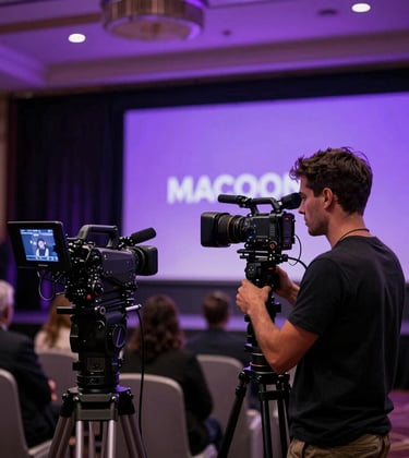 A cinematic shot of a professional corporate event in a high-end North American venue. The composition focus on the sharp contrast between dark charcoal shadows and vibrant Macroon purple stage lighting, capturing the energy of professional photography and videography.