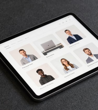 A close-up photograph of a sleek digital tablet displaying minimalist social media layouts. The tablet sits on a dark charcoal textured surface. The lighting is crisp with off-white highlights, emphasizing modern digital presence in a North American corporate setting.