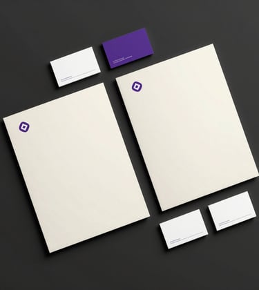 A top-down architectural photography shot of professional business stationery, including letterheads and cards, arranged perfectly on a deep space black desk. The design is minimalist with off-white paper and sharp purple accents.