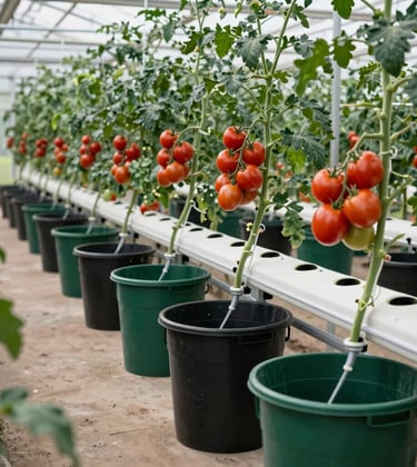 Detailed shot of heavy-duty black and green Dutch buckets lined up in an automated greenhouse, supporting robust vine tomato plants with ripe red tomatoes. Visible drip irrigation lines showing perfect logistics and engineering precision. Global commercial agriculture and hydroponics markets, bright overhead light, deep green and soft white tones.