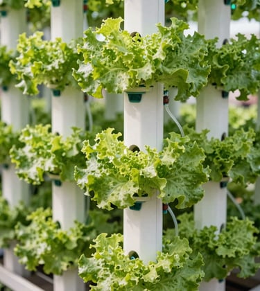 Close-up crisp commercial photograph of vertical hydroponic towers lush with green leafy lettuce. Precision nutrient delivery tubes are visible, showcasing a clean, professional, and reliable setup. Soft morning light, tech-forward atmosphere representing global commercial agriculture and hydroponics markets, with light green and dark green foliage.