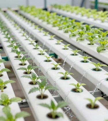 Eye-level shot of modern horizontal NFT channel systems with young herbs growing perfectly in rows. Water flowing smoothly through the precise channels, showing industrial precision. Bright and sterile environment, tech-forward, global commercial agriculture and hydroponics markets, soft white and sage green color scheme.