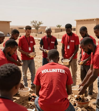 A documentary-style photo of a community volunteer project in North Africa, showing team members working together in a supportive and compassionate environment, under warm sunlight with red and earthy color tones.