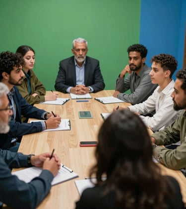 A professional photograph of a collaboration meeting between diverse professionals in a Moroccan community center, focused on economic empowerment and youth entrepreneurship initiatives, with green and blue accents in the background.