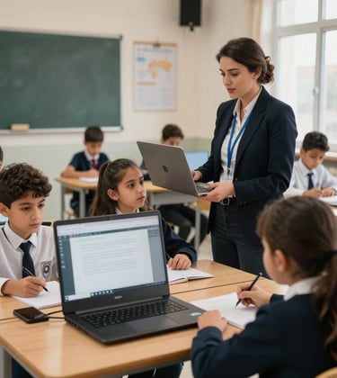 A professional photography shot of students in a modern Moroccan classroom setting, using educational technology, emphasizing innovation and empowerment in childhood education.