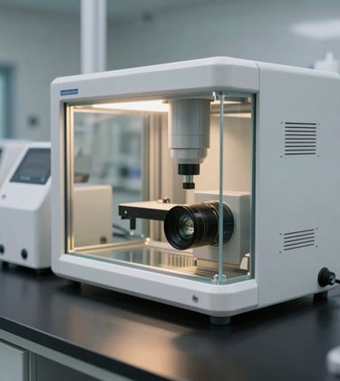 A professional shot of a modern, clean agricultural laboratory setting. Precision equipment sits on a pitch black surface with soft beige and warm gold reflections on the glass. The atmosphere is clinical, professional, and high-tech.