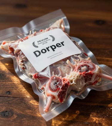 A close-up of a premium Dorper lamb product in vacuum-sealed packaging with a minimalist label. The packaging rests on a deep umber wooden surface with warm gold light catchments.
