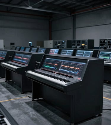 A minimalist, low-light shot of a professional processing and distribution center. The scene features matte black surfaces and structured layouts, evoking a sense of high-end logistics and trust.